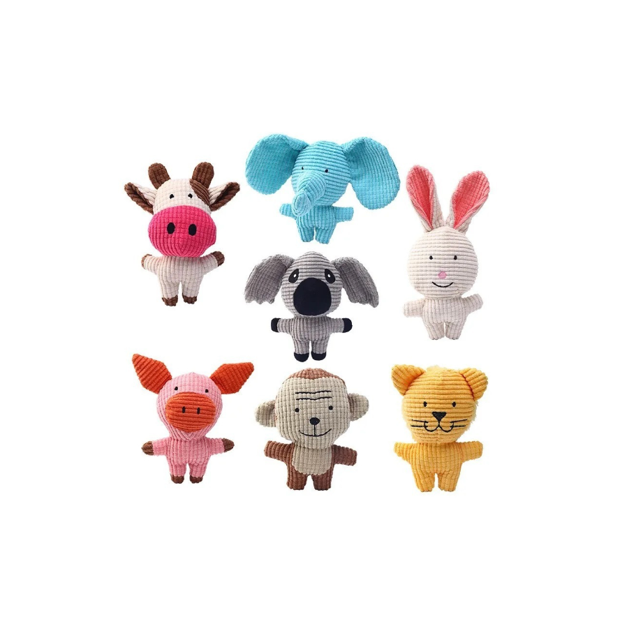 Set of colorful knitted animal toys on a white background