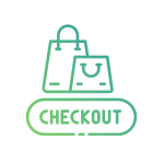 Green icon of a shopping bag with a checkmark and 'Checkout' text on a white background