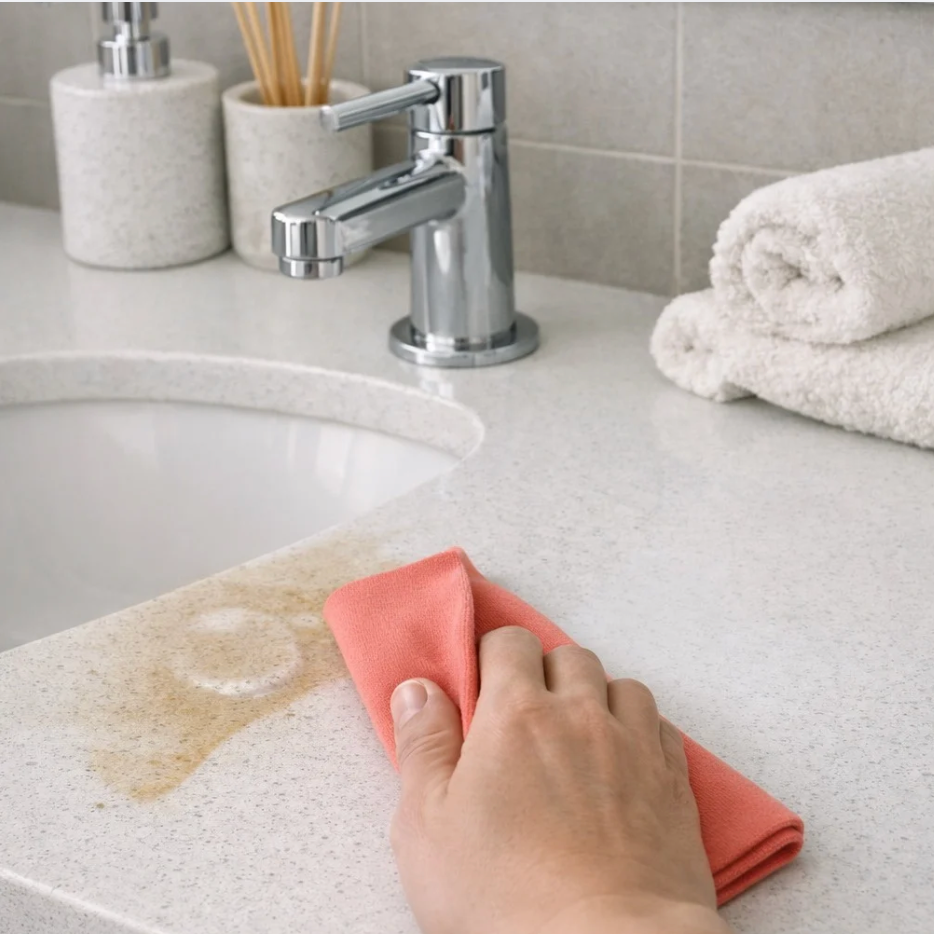 Person cleaning a bathroom counter with a pink cloth, sink and towels in the background.