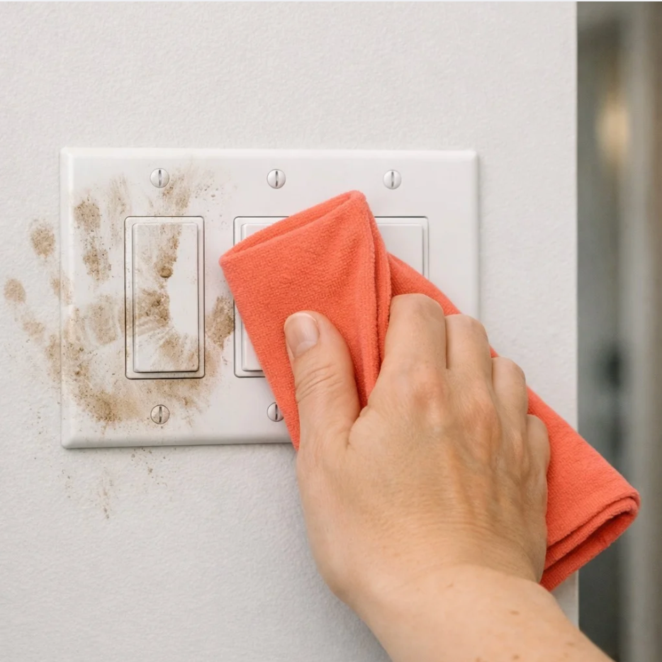 Hand cleaning a light switch with a red cloth on a white wall.
