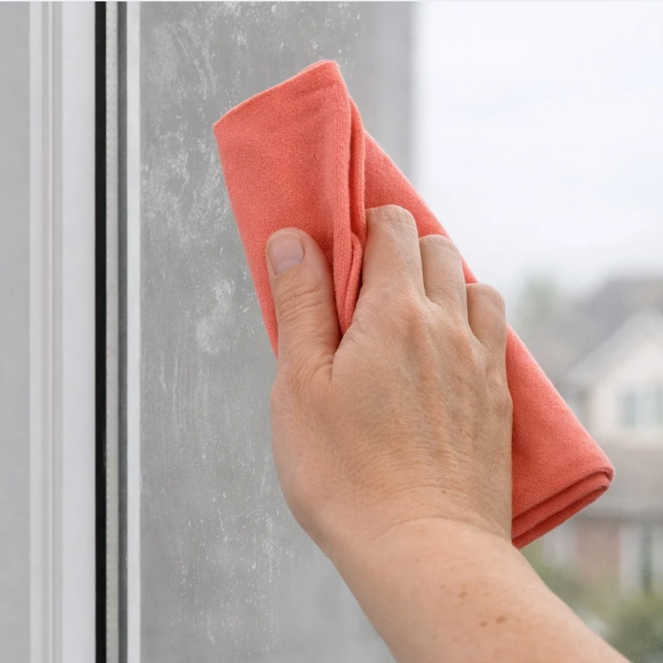 Hand cleaning a glass surface with a pink cloth