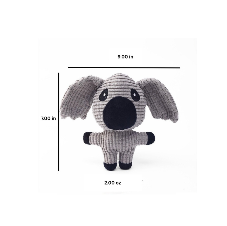 Plush toy with dimensions labeled on a white background