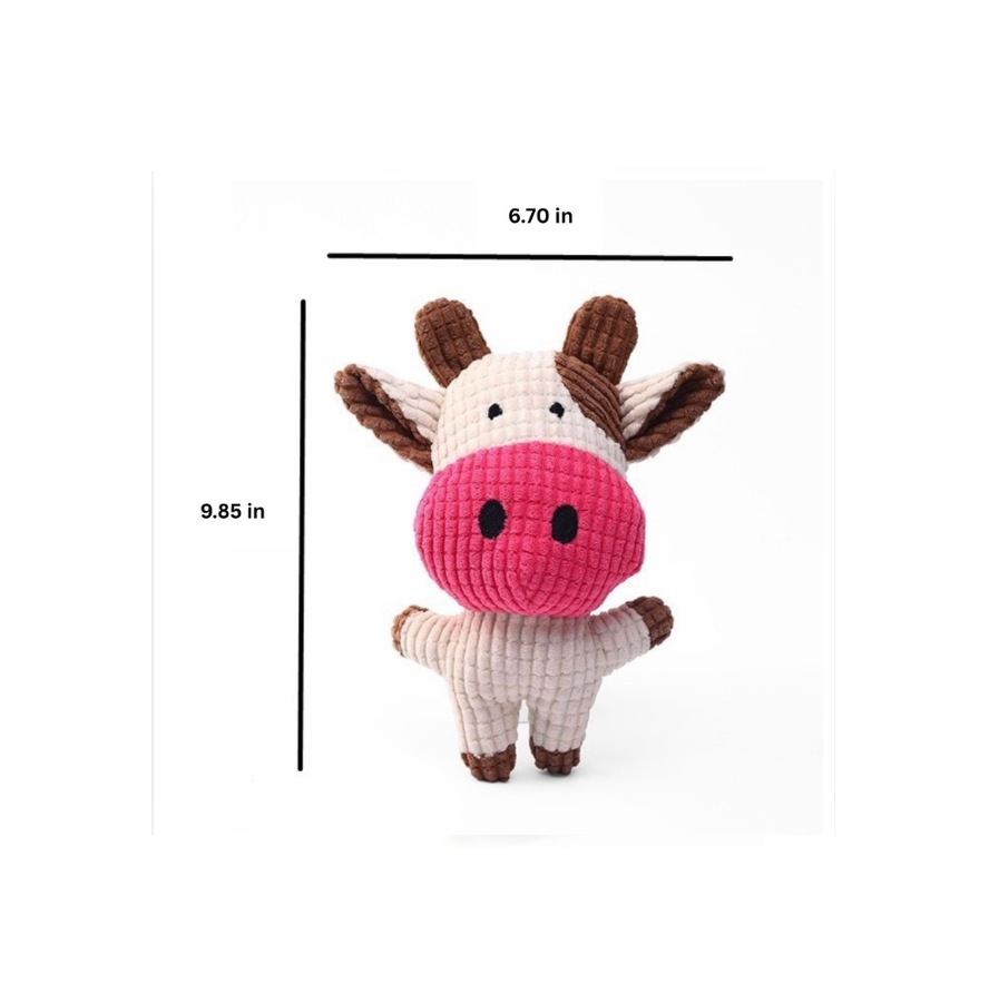 Small plush moose toy with measurements on a white background