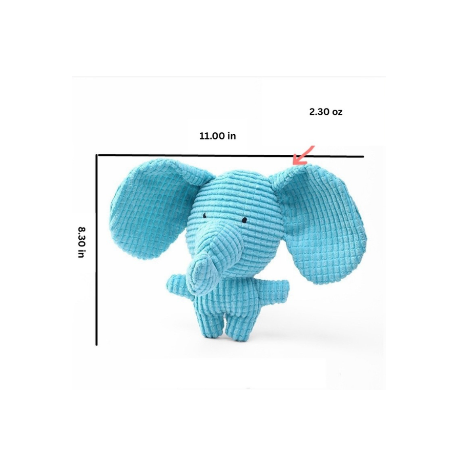 Blue stuffed elephant toy with measurements on a white background
