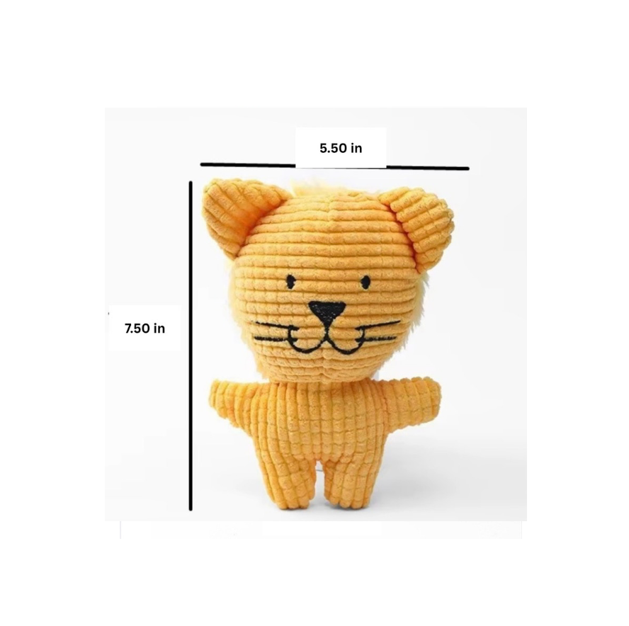 Toy lion with measurements on a white background