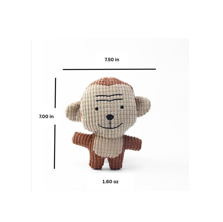 Small plush monkey toy with measurements on a white background