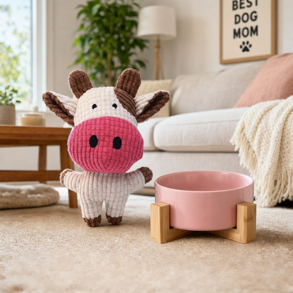 Knitted cow toy next to a pink pet bowl in a living room setting