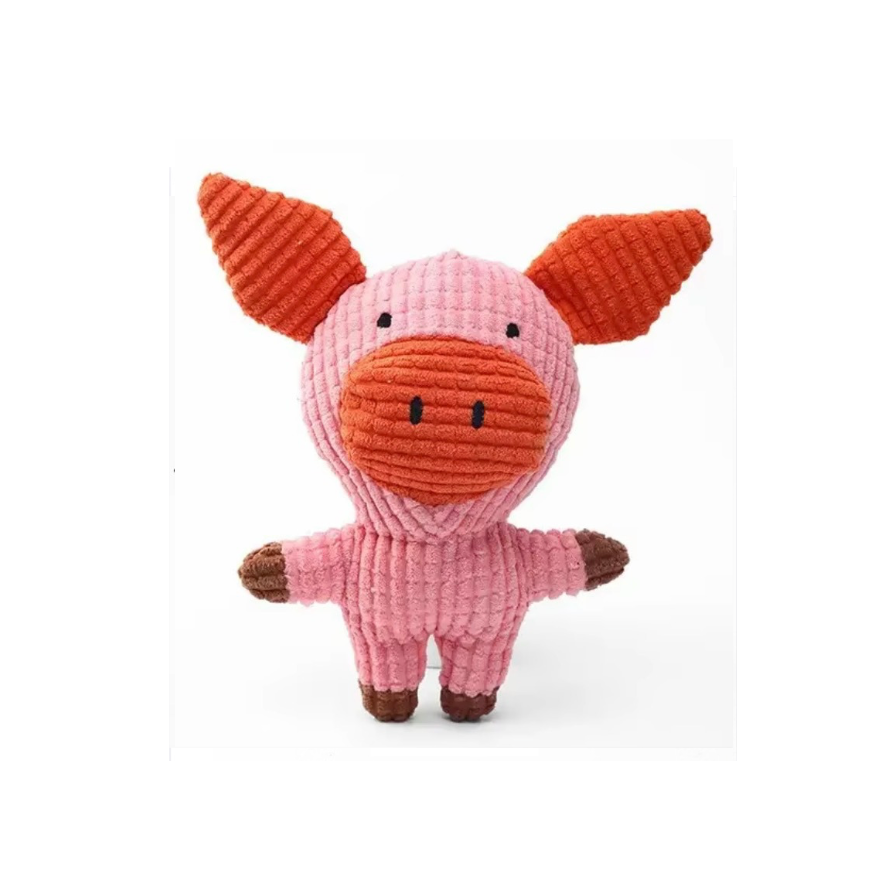 Pink plush toy with brown accents on a white background