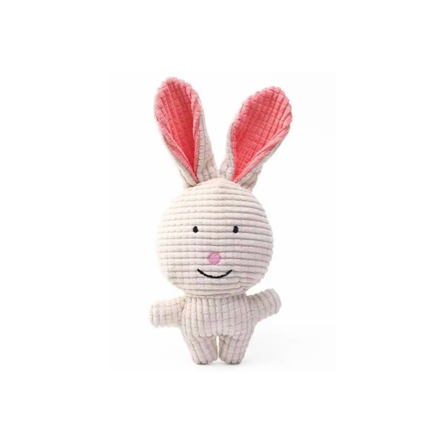 Plush toy rabbit with pink ears on a white background