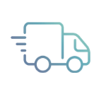 Icon of a blue delivery truck with a speed line, representing fast shipping or delivery service.