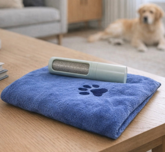 Pet grooming tool on a blue towel with a paw print design, dog in the background