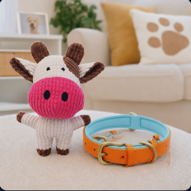 Small plush cow toy with a blue and orange collar on a light-colored surface.