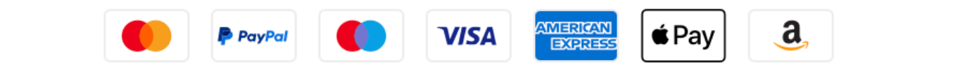 Logos of various payment methods including Mastercard, PayPal, Visa, American Express, Apple Pay, and Amazon Pay.