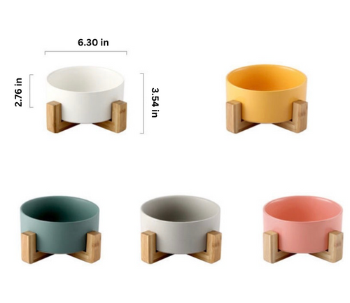 Set of colorful ceramic bowls with wooden stands and measurements on a white background