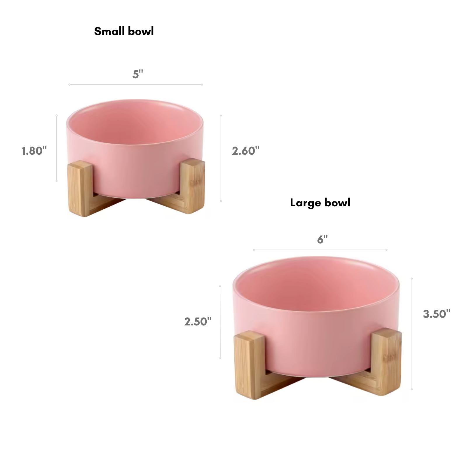 Two pink bowls with wooden stands and their dimensions on a white background