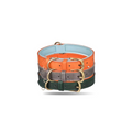 Three dog collars in orange, gray, and green with gold buckles on a white background.