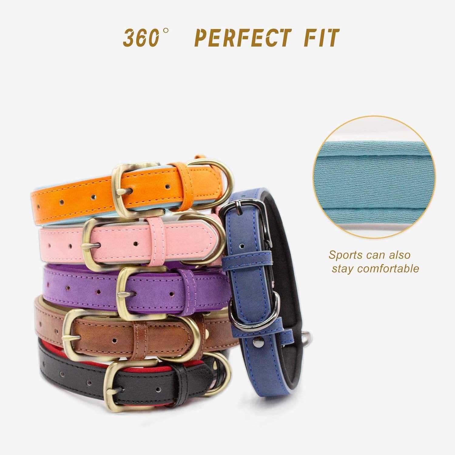 Stack of colorful dog collars with close-up of material texture on a white background