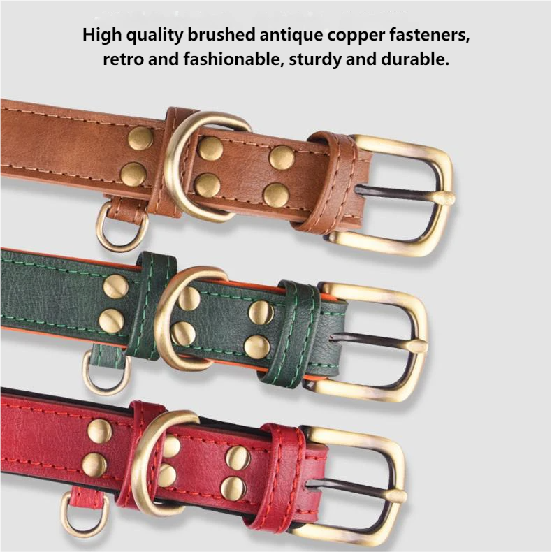Three dog collars in brown, green, and red with gold fastenings on a light gray background.