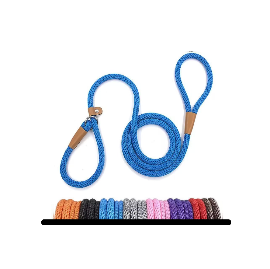 Blue dog leash with wooden clips on a white background