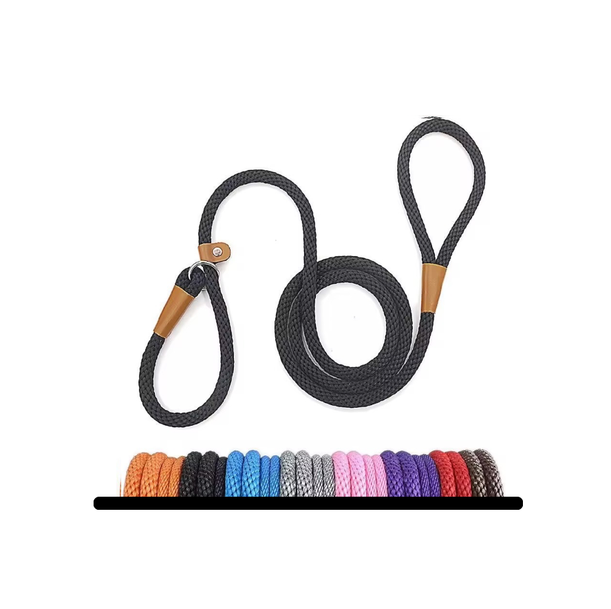 Black dog leash with wooden clips and a row of colorful braided leashes below on a white background.
