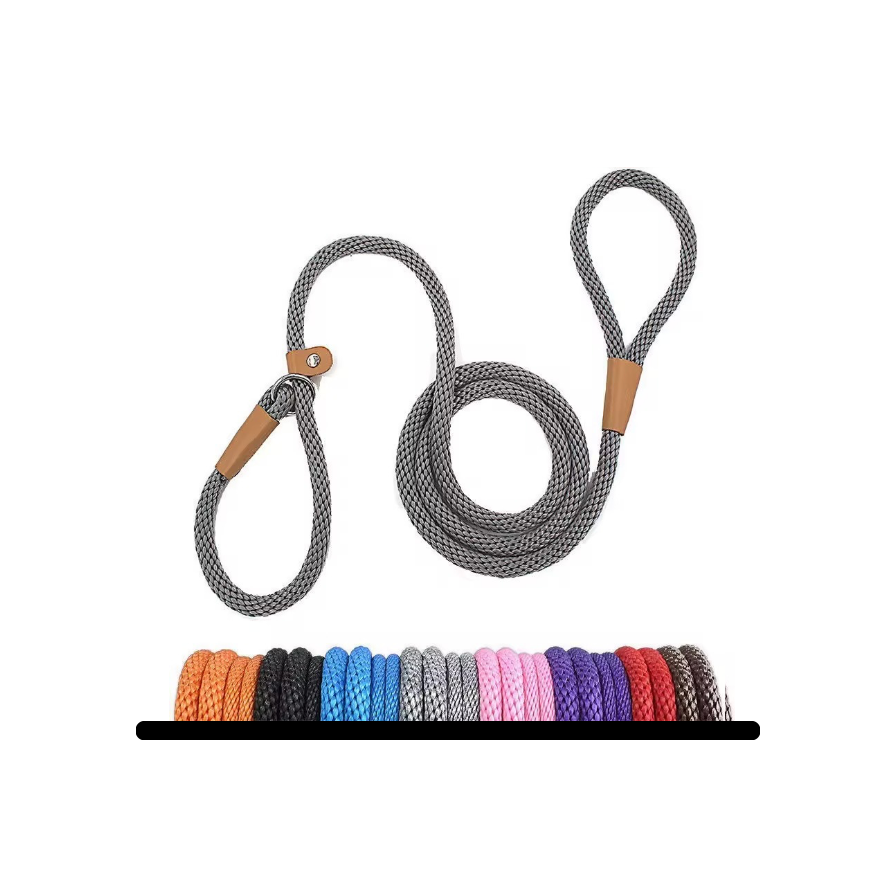 Dog leash with wooden handle and color swatch below on a white background