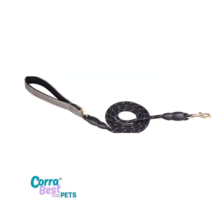 Dog leash with black glittery texture on a white background, featuring Corra Best for Pets branding.