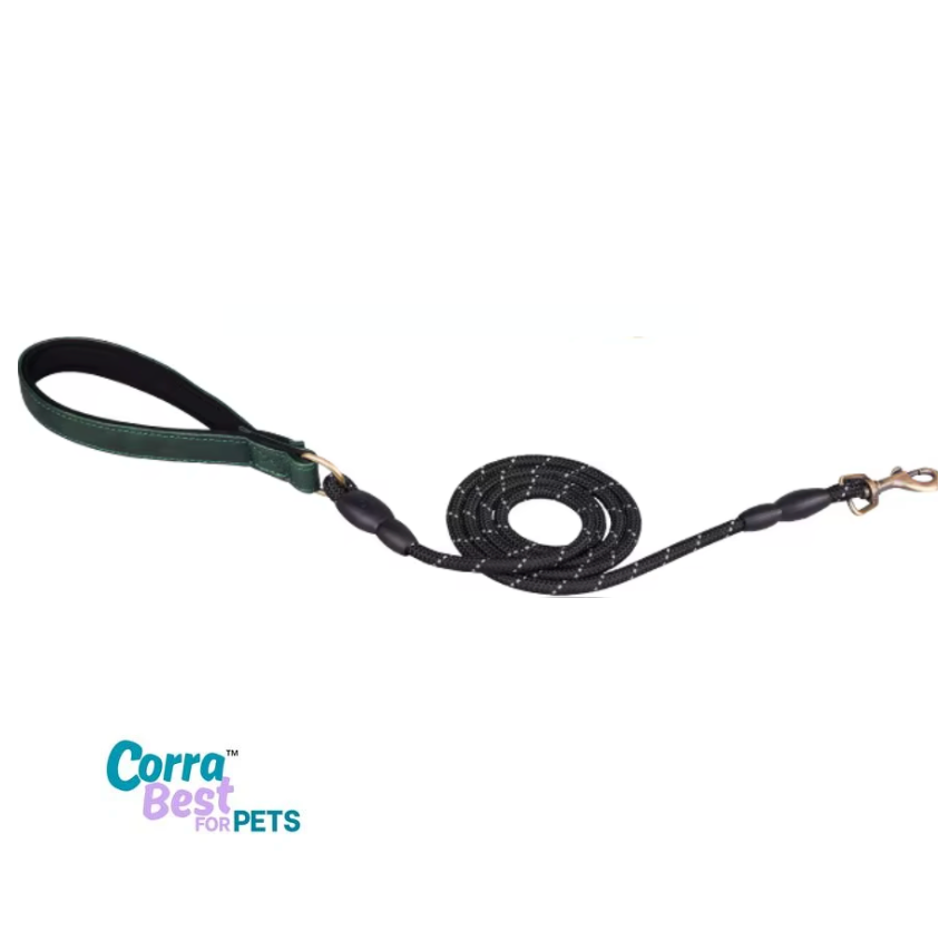 Black dog leash coiled on a white background with 'Corra Best for Pets' branding.