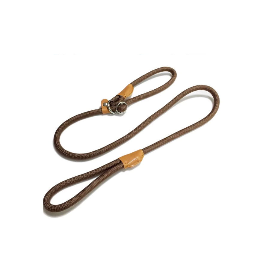 Brown dog leash with beige ends on a white background
