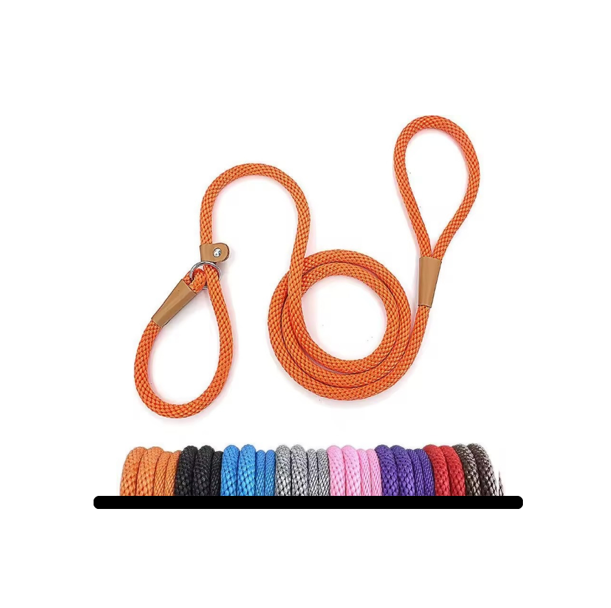 Orange rope leash with wooden handle on a white background