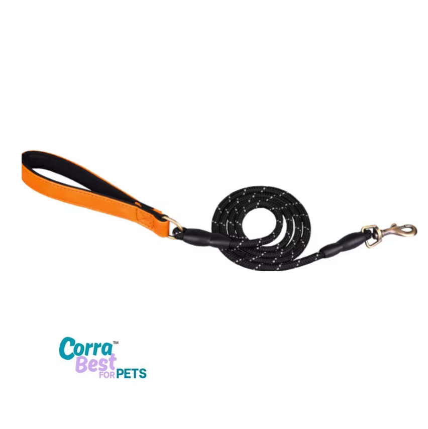 Dog leash with black handle and orange strap on a white background, featuring Corra Best for Pets branding.