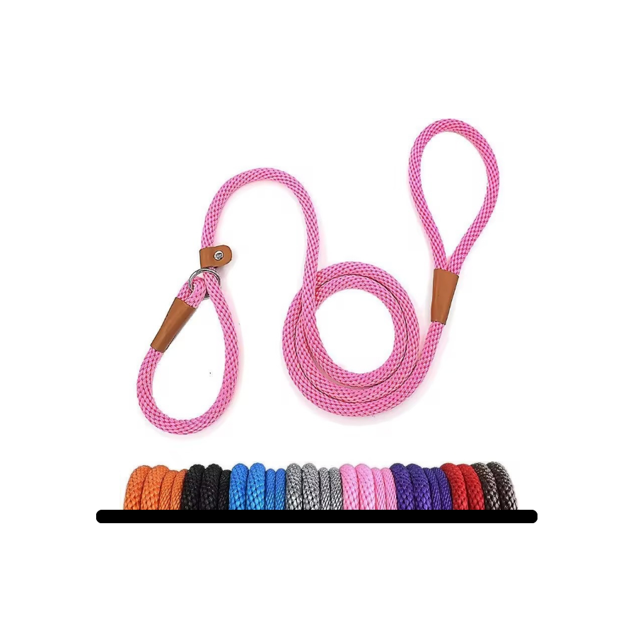 Pink braided dog leash with wooden handles on a white background
