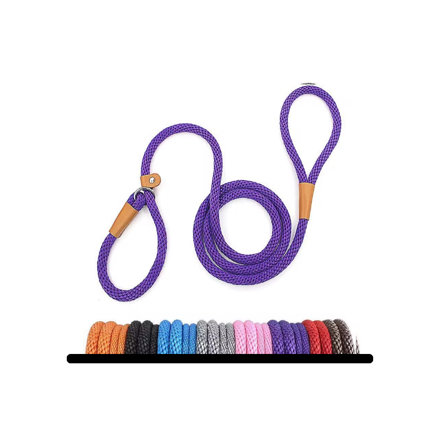 Purple dog leash with wooden clips on a white background