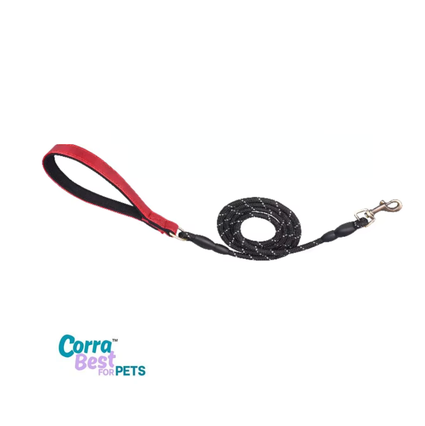 Dog leash with red handle and black body on a white background, featuring 'Corra Best for Pets' branding.