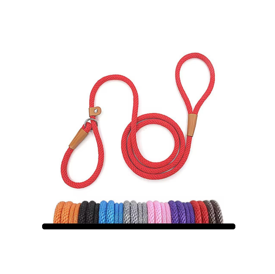Red dog leash with wooden handle on a white background, with color swatches below.