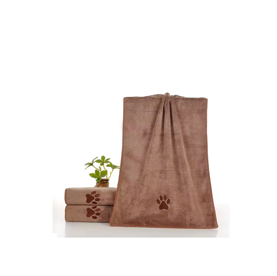 Brown towel with paw prints on a white background