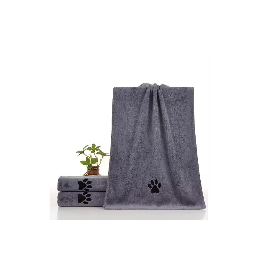 Gray towels with paw prints on a white background
